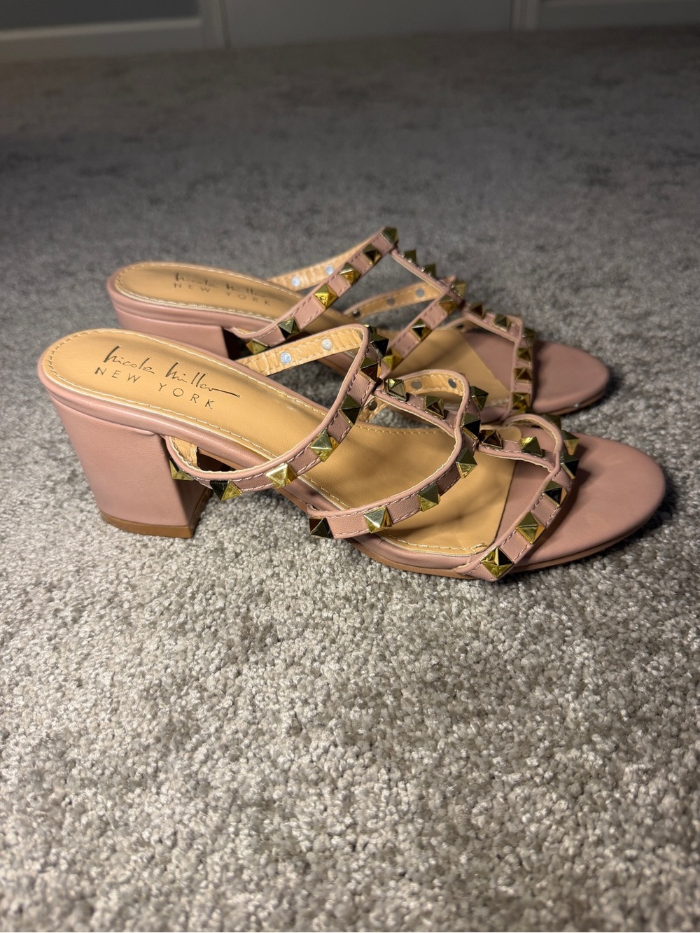 Nicole Miller New York Pink Studded Block Heel Mules
